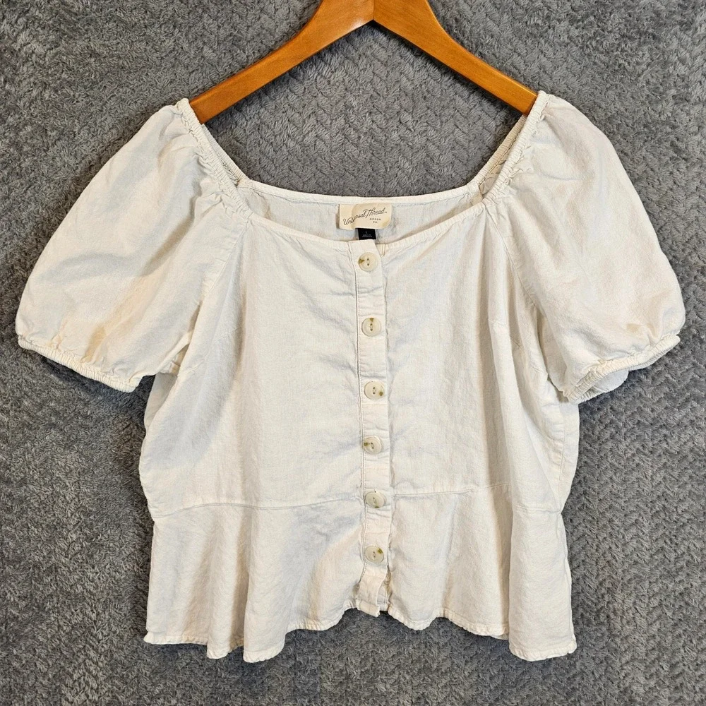 Romantic Cottagecore Women Off White Linen Blend Puff Sleeve Peplum Blouse Large - Picture 2 of 7
